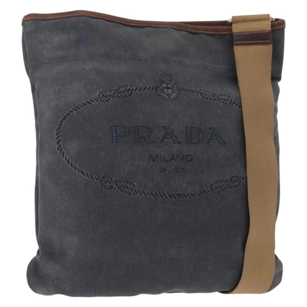 Prada Shoulder Bag Canvas Navy Silver Auth